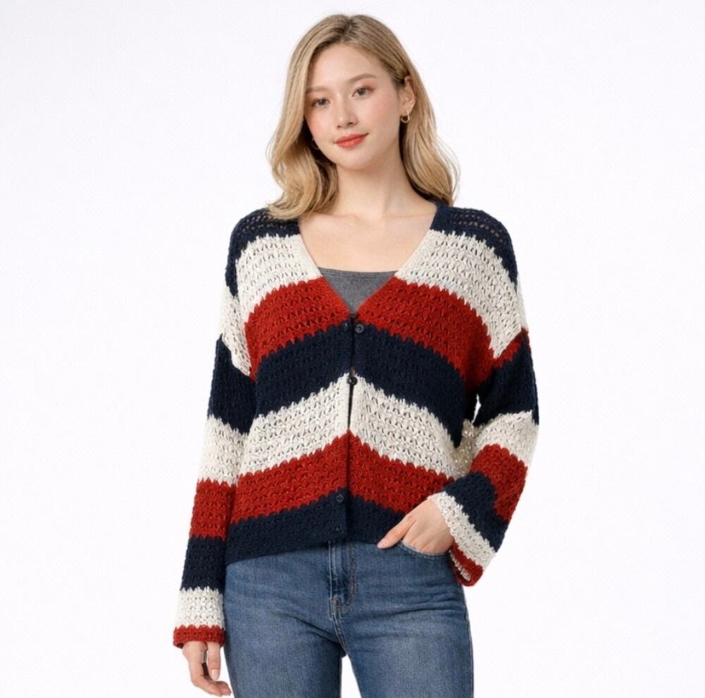 33 Degrees Red White Blue Americana Striped Crochet Knit Cardigan-Size XL